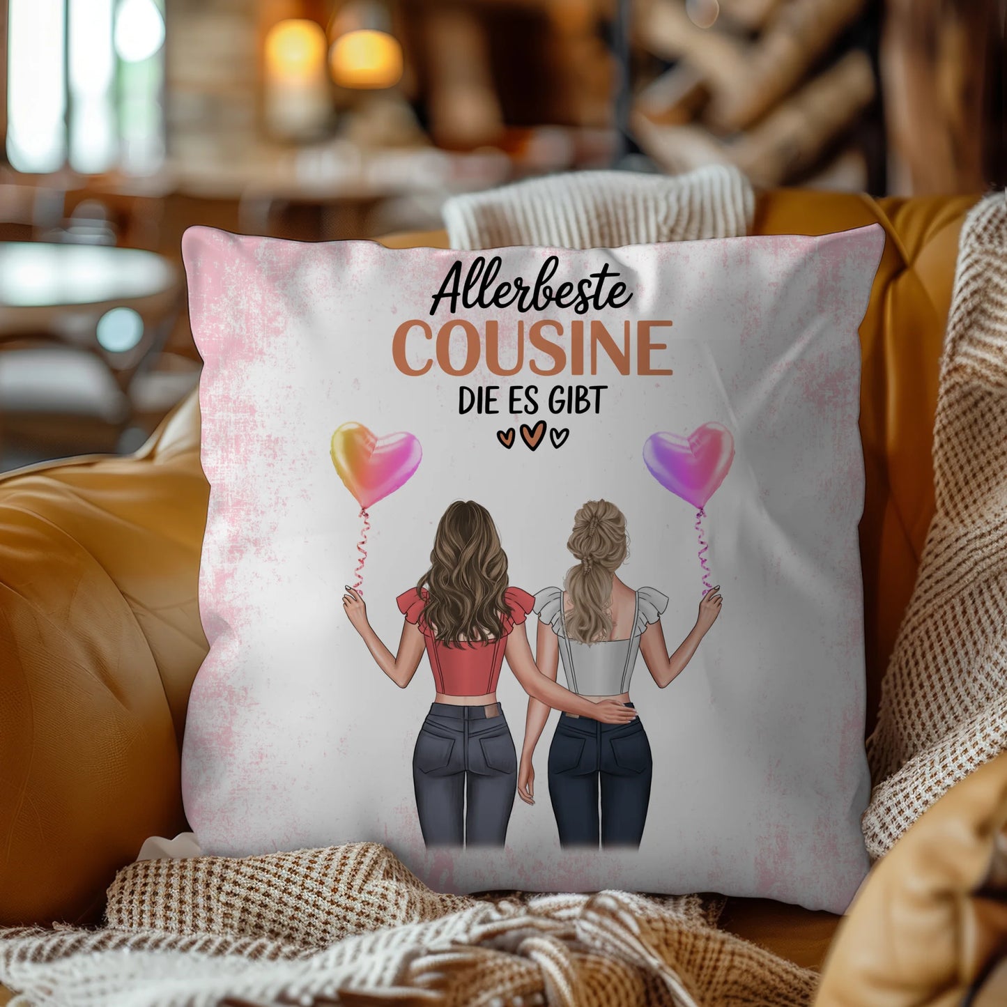 Kissen Mit Namen für Allerbeste Cousine mit 2 Clipart Frauen und Wunschtext