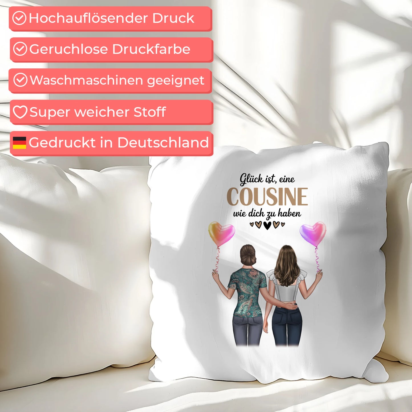 Namen Kissen für Cousine mit 2 Clipart Frauen und Wunschtext