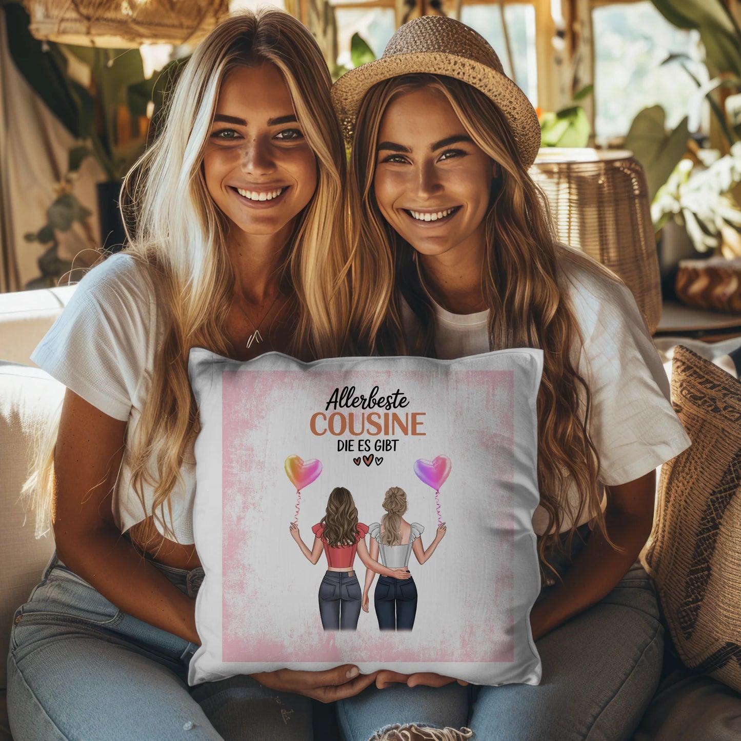 Kissen Mit Namen für Allerbeste Cousine mit 2 Clipart Frauen und Wunschtext