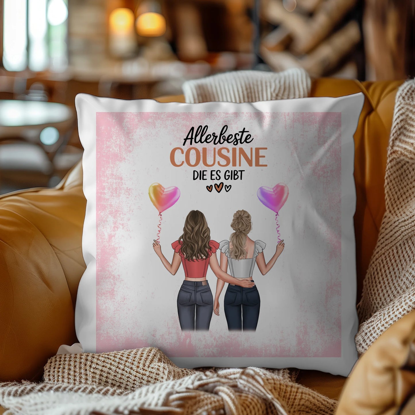Kissen Mit Namen für Allerbeste Cousine mit 2 Clipart Frauen und Wunschtext