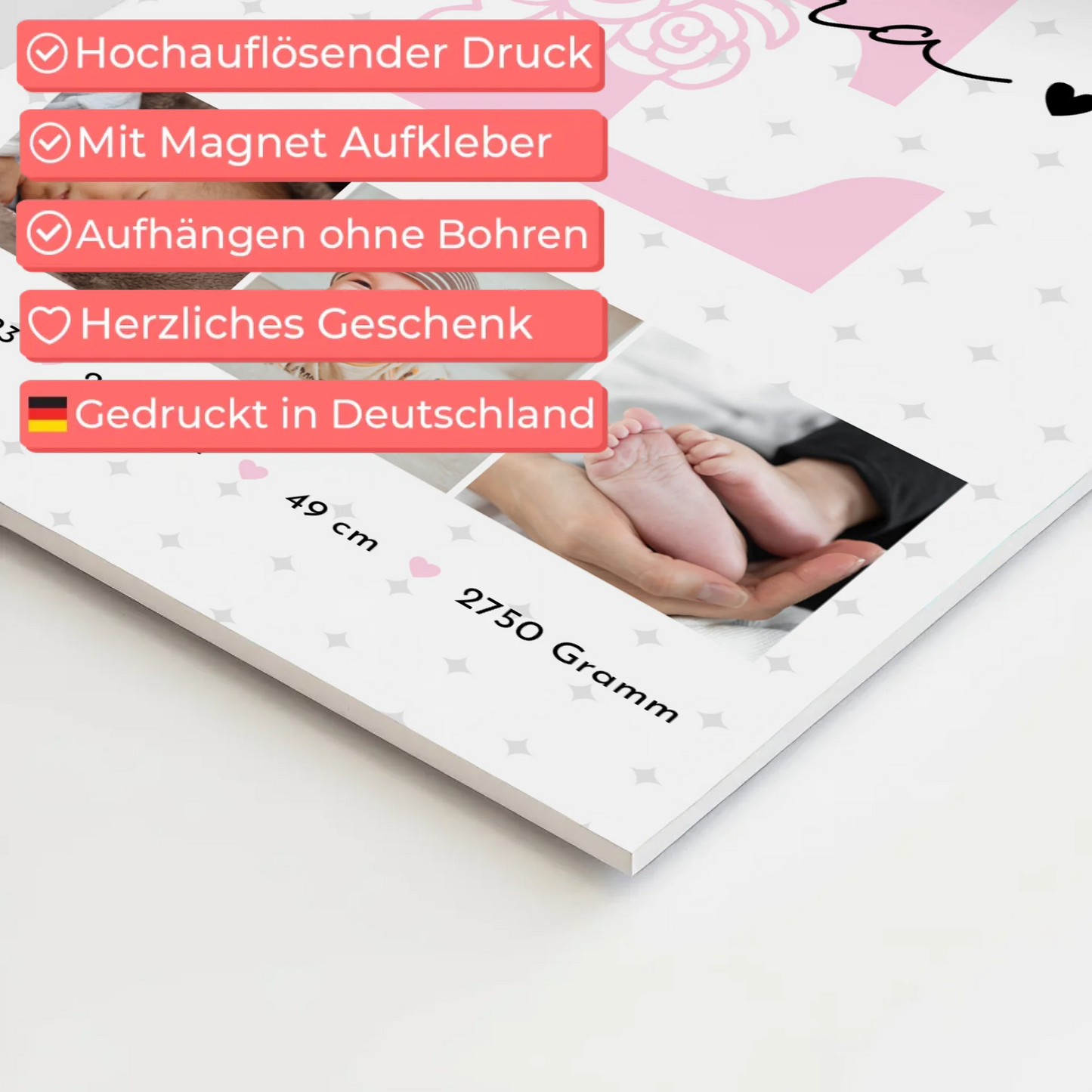 Magnetposter Fotoboard Geburt Baby Fotocollage mit Geburtsdaten Sternchen Muster