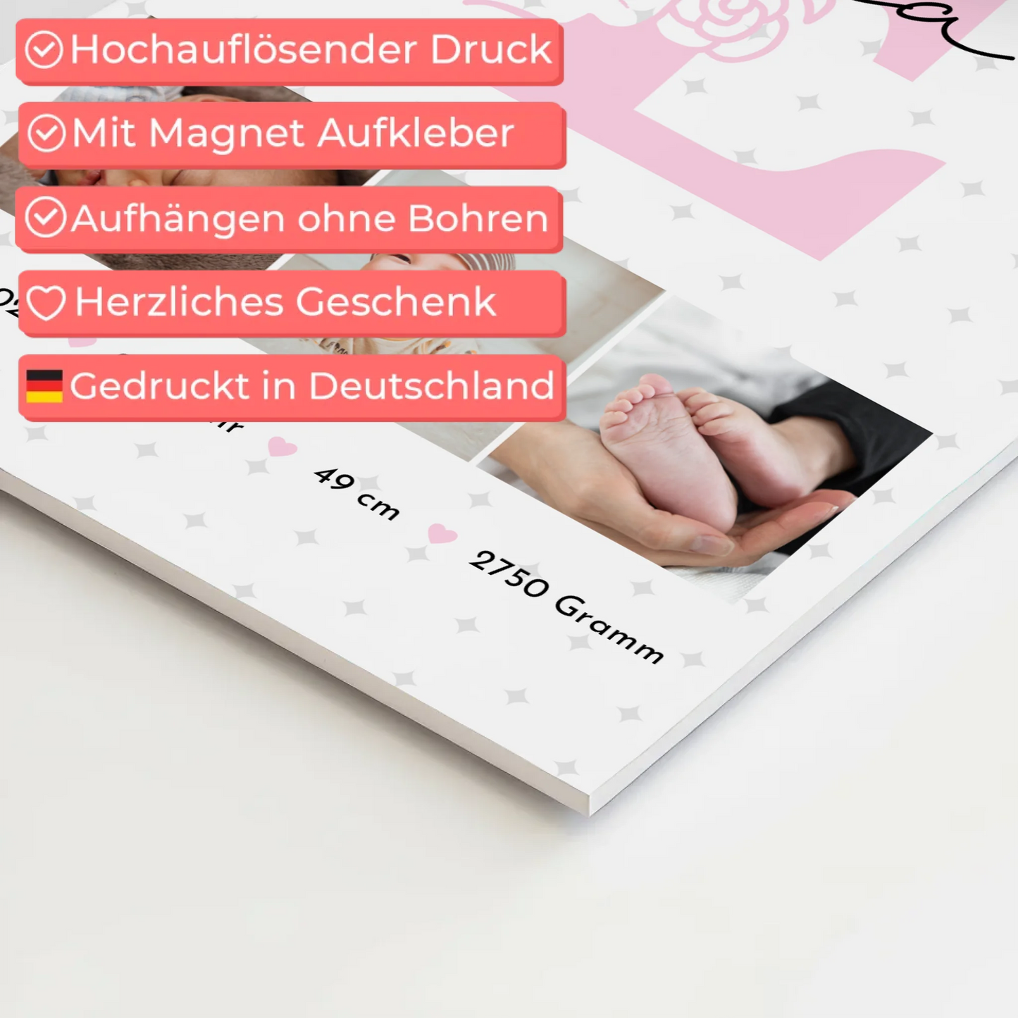 Magnetposter Fotoboard Geburt Baby Fotocollage mit Geburtsdaten Sternchen Muster