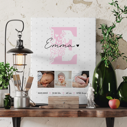 Leinwand Wandbild zur Geburt Baby Fotocollage mit Geburtsdaten Sternchen Muster 3