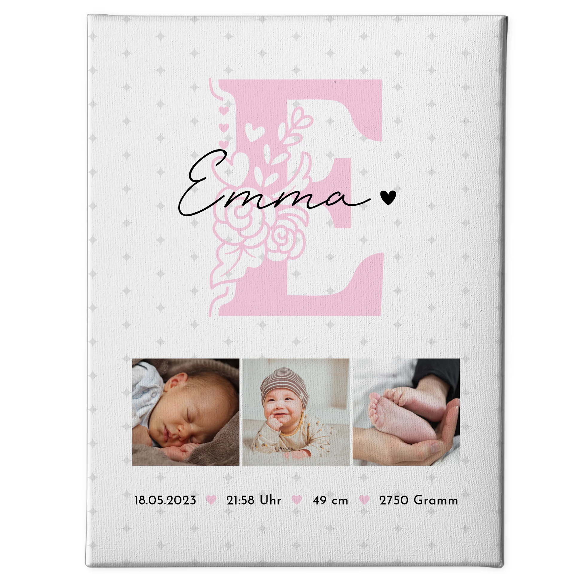 Leinwand Wandbild zur Geburt Baby Fotocollage mit Geburtsdaten Sternchen Muster 1