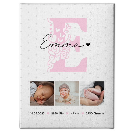 Leinwand Wandbild zur Geburt Baby Fotocollage mit Geburtsdaten Sternchen Muster 1