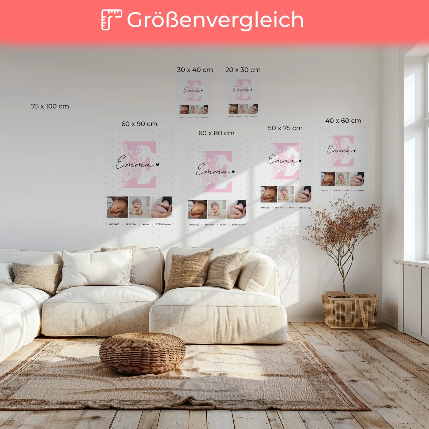 Leinwand Wandbild zur Geburt Baby Fotocollage mit Geburtsdaten Sternchen Muster 6