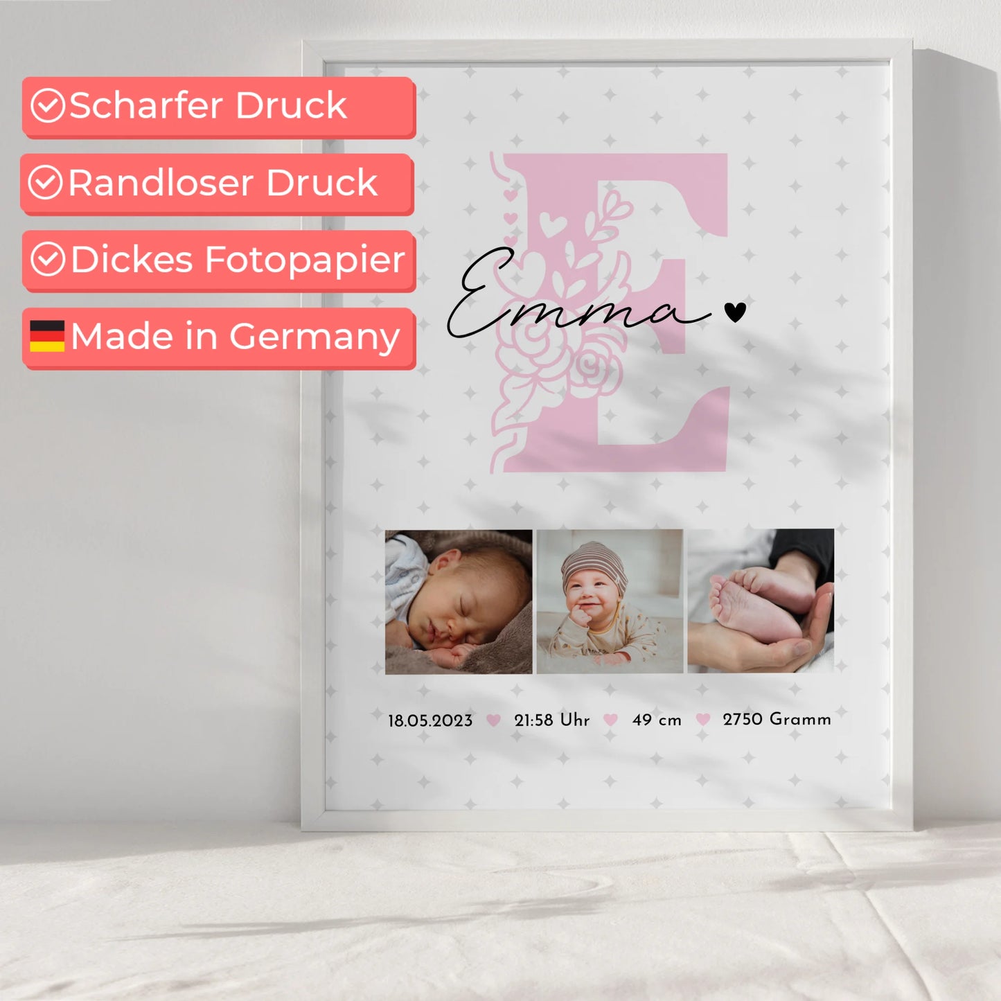 Geburtsdaten Poster Baby Fotocollage mit Sternchen Muster personalisiertes Geschenk 6