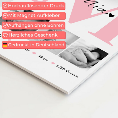Magnetposter Fotoboard Geburt Baby 3 Fotos Geburtsdaten Black White 4