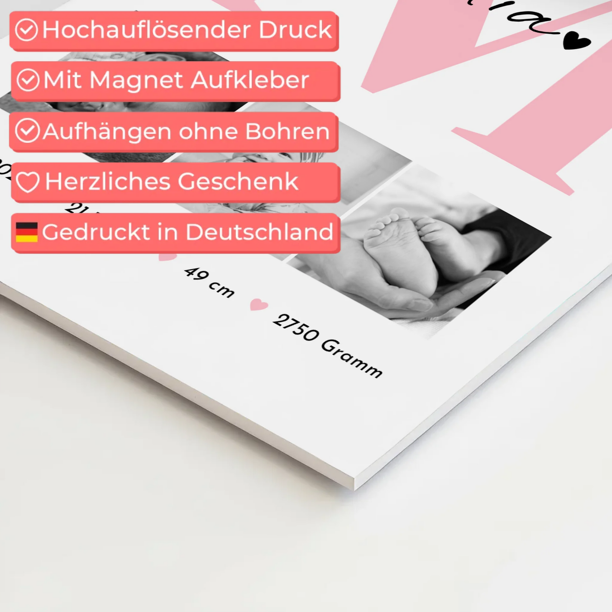 Magnetposter Fotoboard Geburt Baby 3 Fotos Geburtsdaten Black White 10