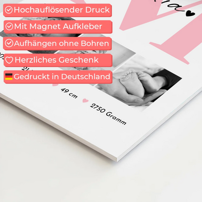 Magnetposter Fotoboard Geburt Baby 3 Fotos Geburtsdaten Black White 10