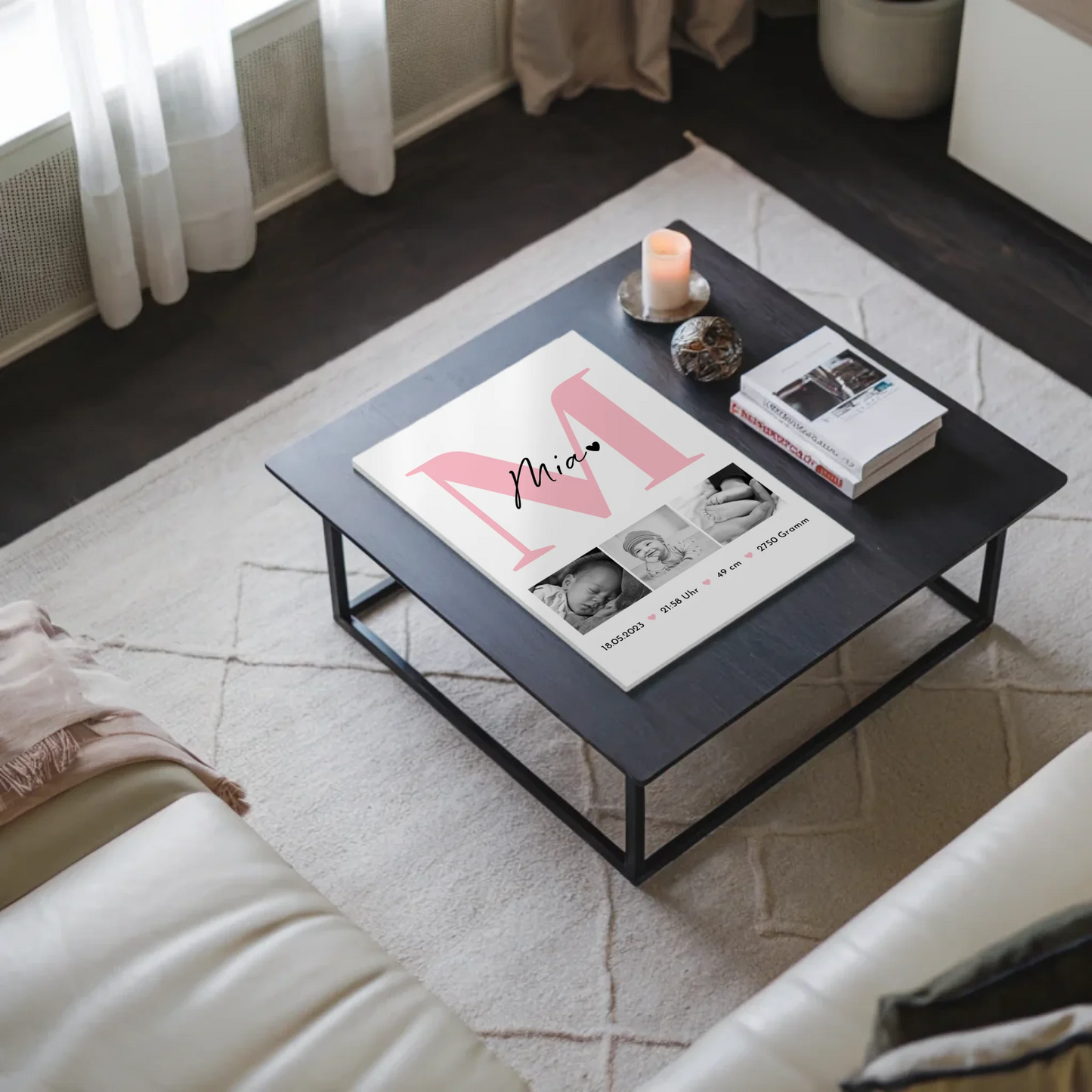 Magnetposter Fotoboard Geburt Baby 3 Fotos Geburtsdaten Black White