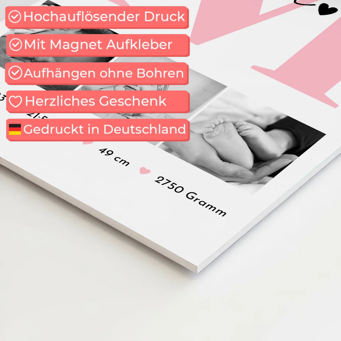 Magnetposter Fotoboard Geburt Baby 3 Fotos Geburtsdaten Black White