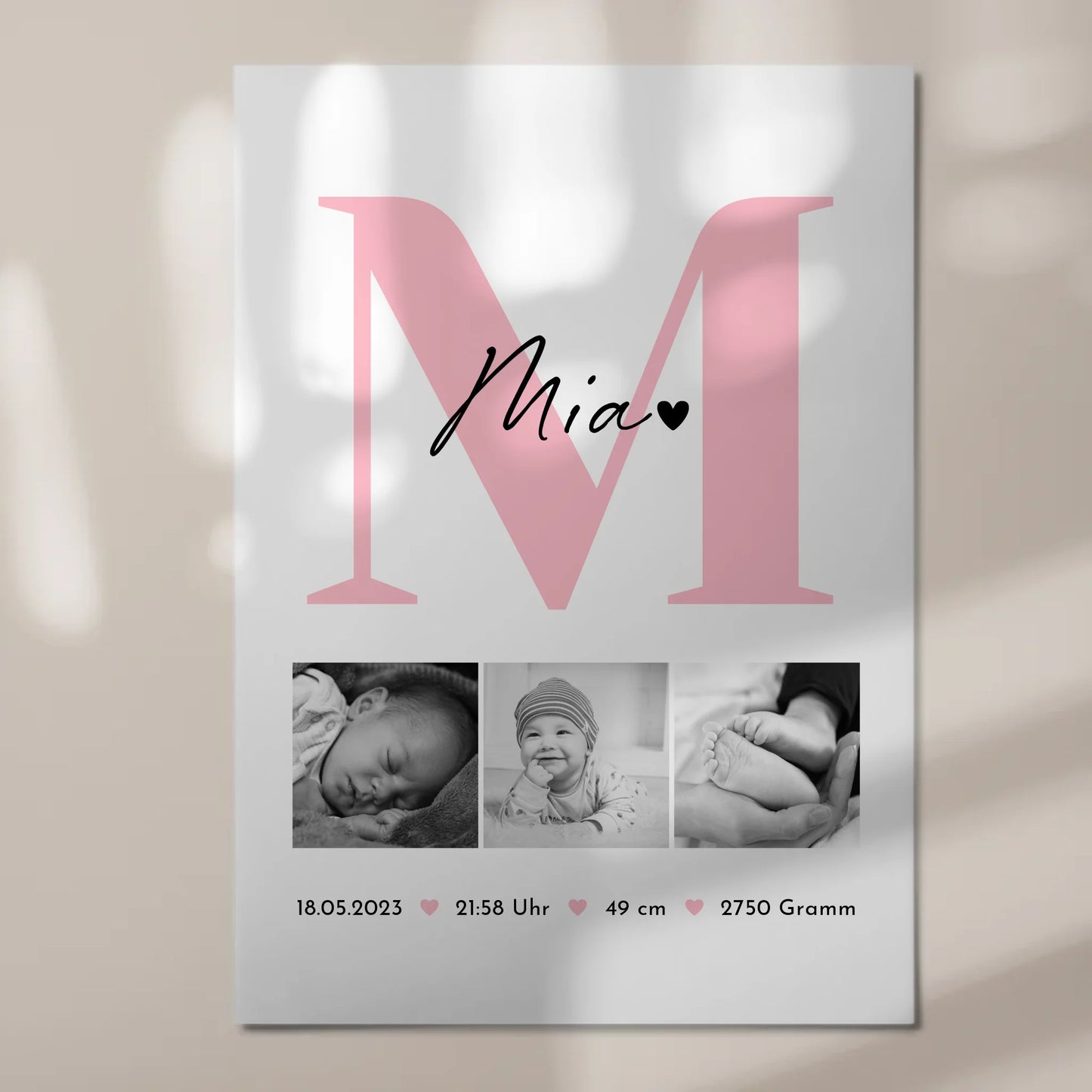 Magnetposter Fotoboard Geburt Baby 3 Fotos Geburtsdaten Black White