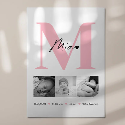 Magnetposter Fotoboard Geburt Baby 3 Fotos Geburtsdaten Black White