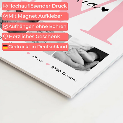 Magnetposter Fotoboard Geburt Baby 3 Fotos Geburtsdaten Black White