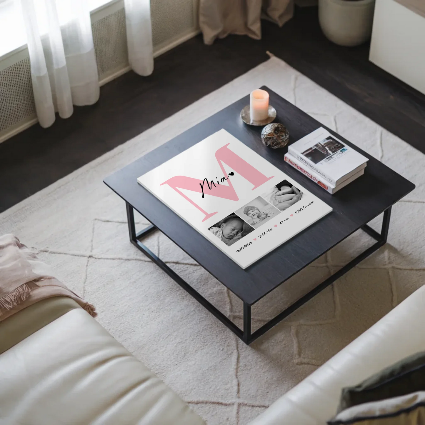 Magnetposter Fotoboard Geburt Baby 3 Fotos Geburtsdaten Black White