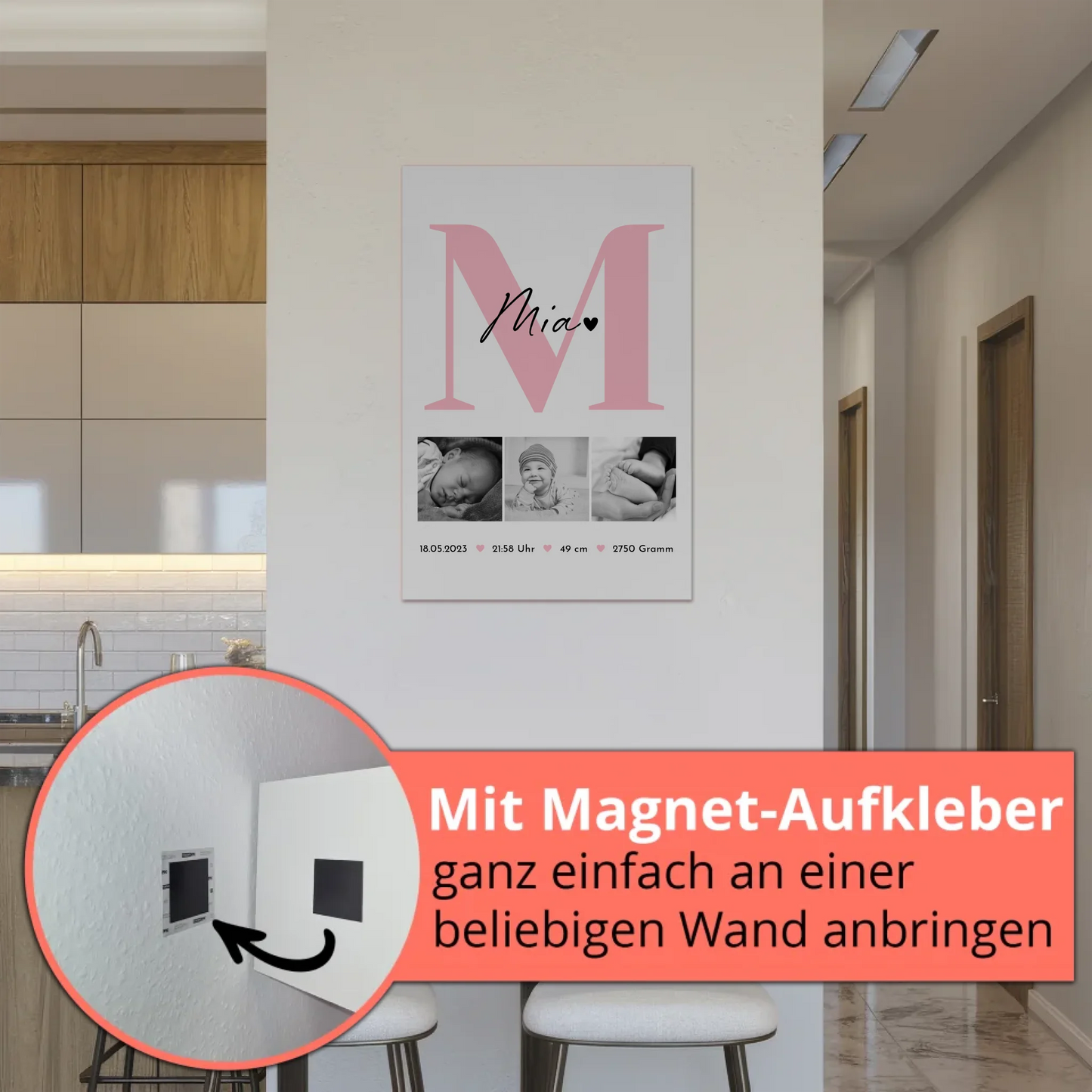 Magnetposter Fotoboard Geburt Baby 3 Fotos Geburtsdaten Black White