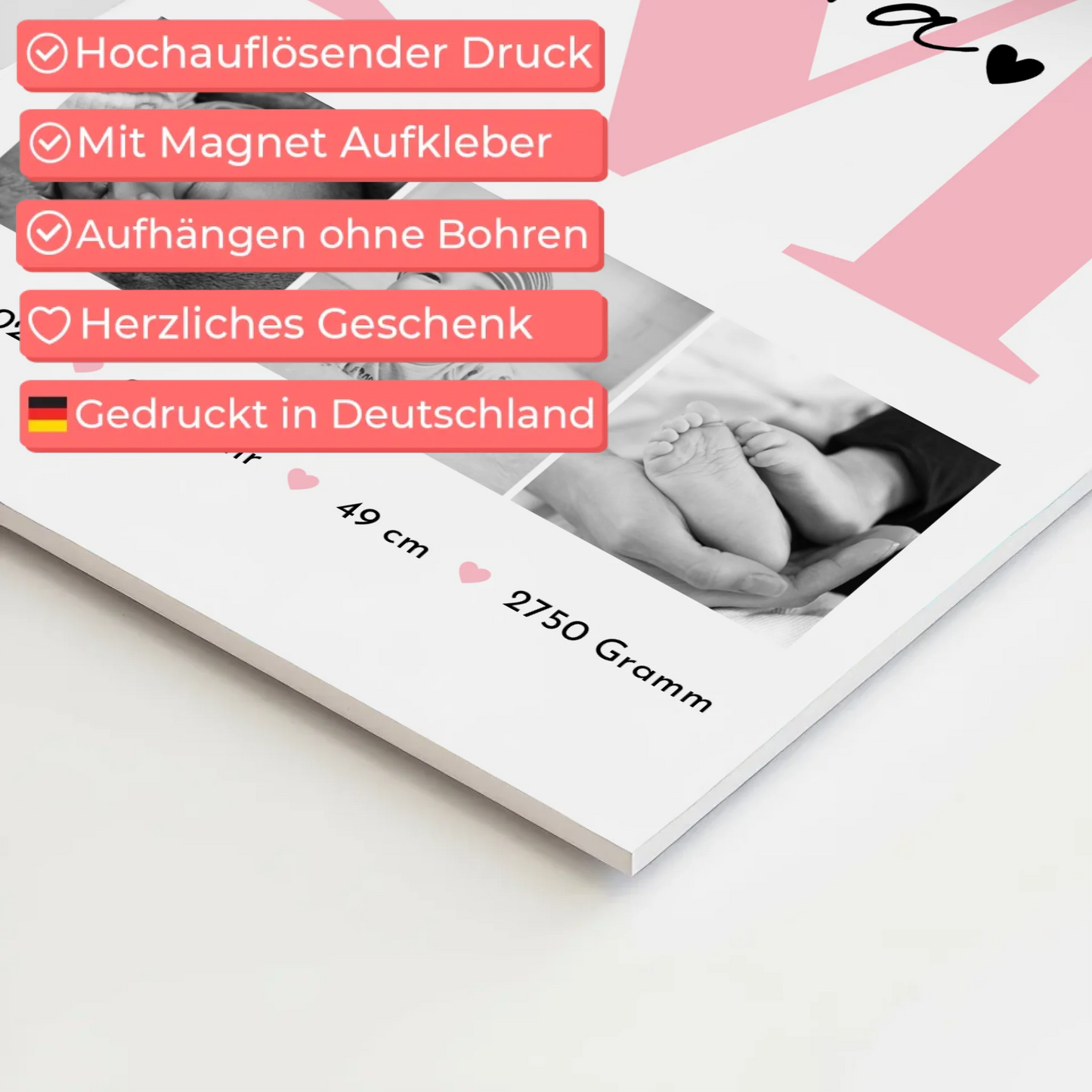Magnetposter Fotoboard Geburt Baby 3 Fotos Geburtsdaten Black White