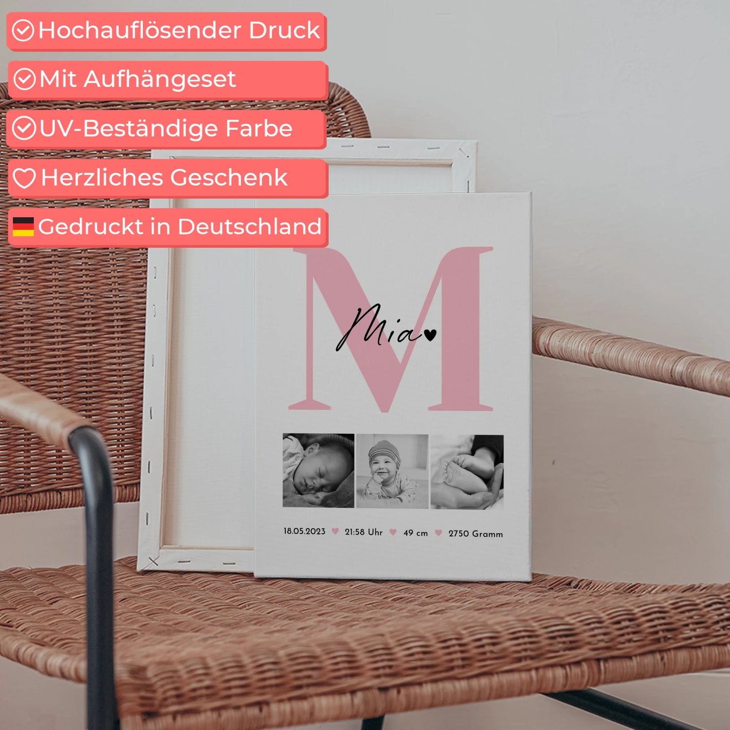 Leinwand Collagen Erstellen zur Geburt Baby 3 Fotos Geburtsdaten Black White 5