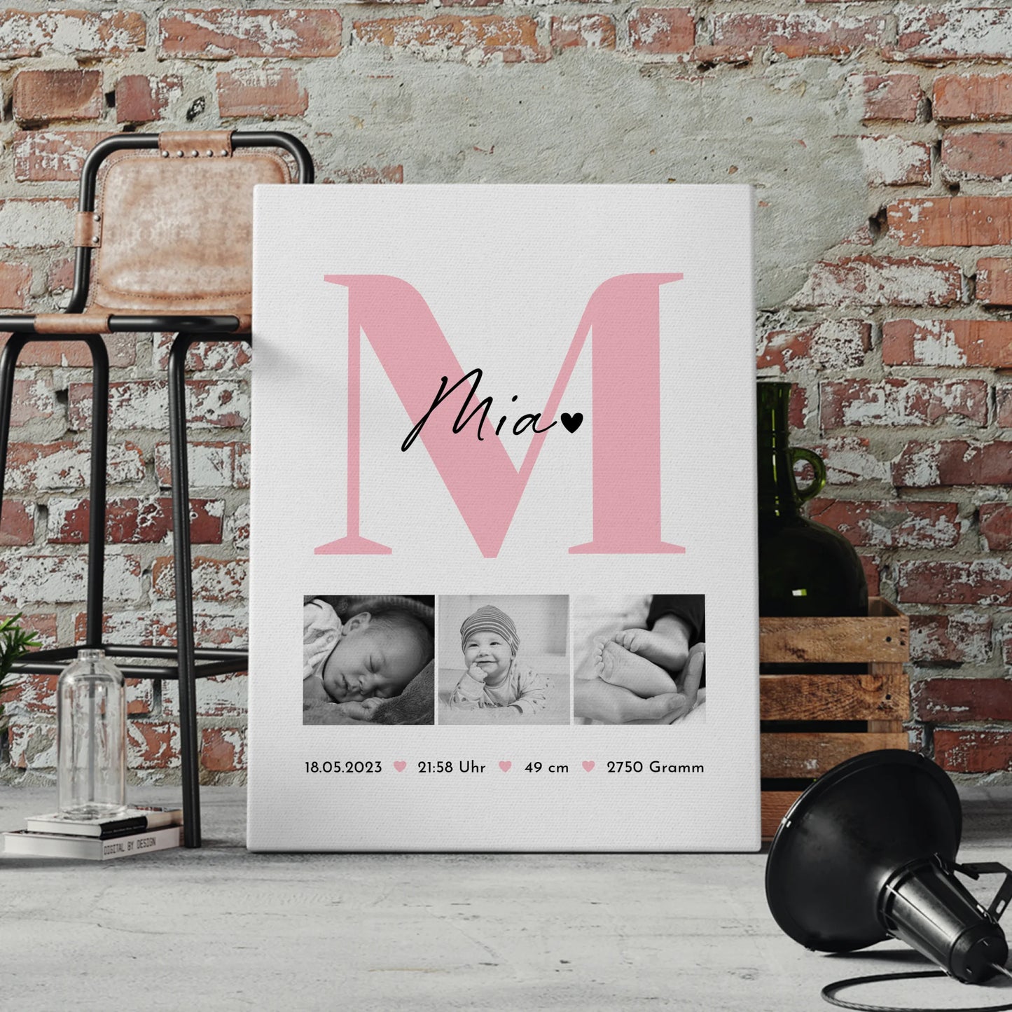 Leinwand Collagen Erstellen zur Geburt Baby 3 Fotos Geburtsdaten Black White 4