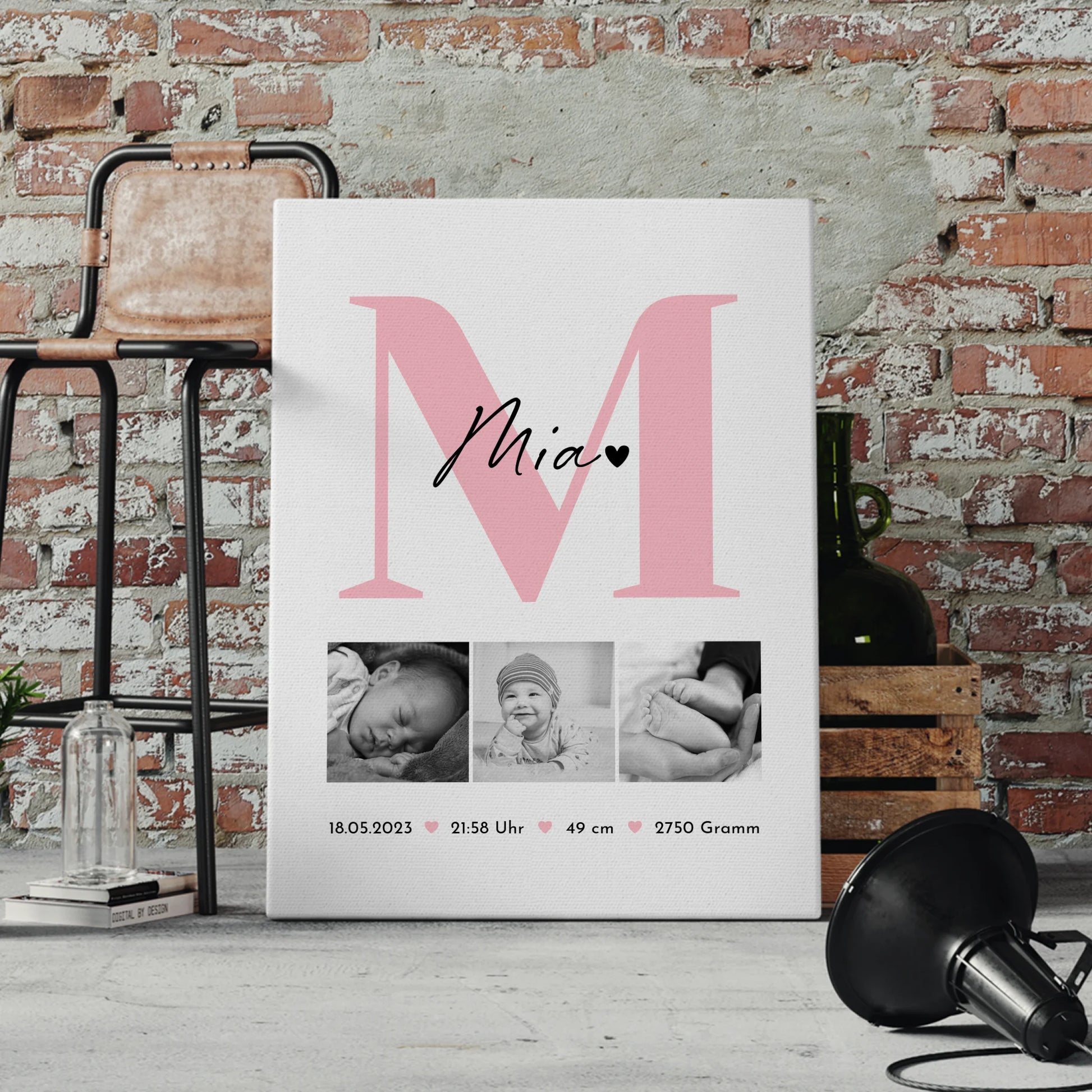 Leinwand Collagen Erstellen zur Geburt Baby 3 Fotos Geburtsdaten Black White 4