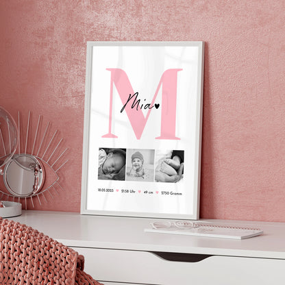 Poster Geburtsdaten Baby mit 3 Fotos Geburtsdaten Black and White Design 5