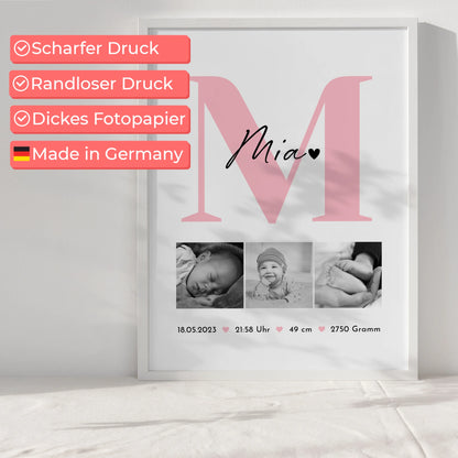 Poster Geburtsdaten Baby mit 3 Fotos Geburtsdaten Black and White Design 6