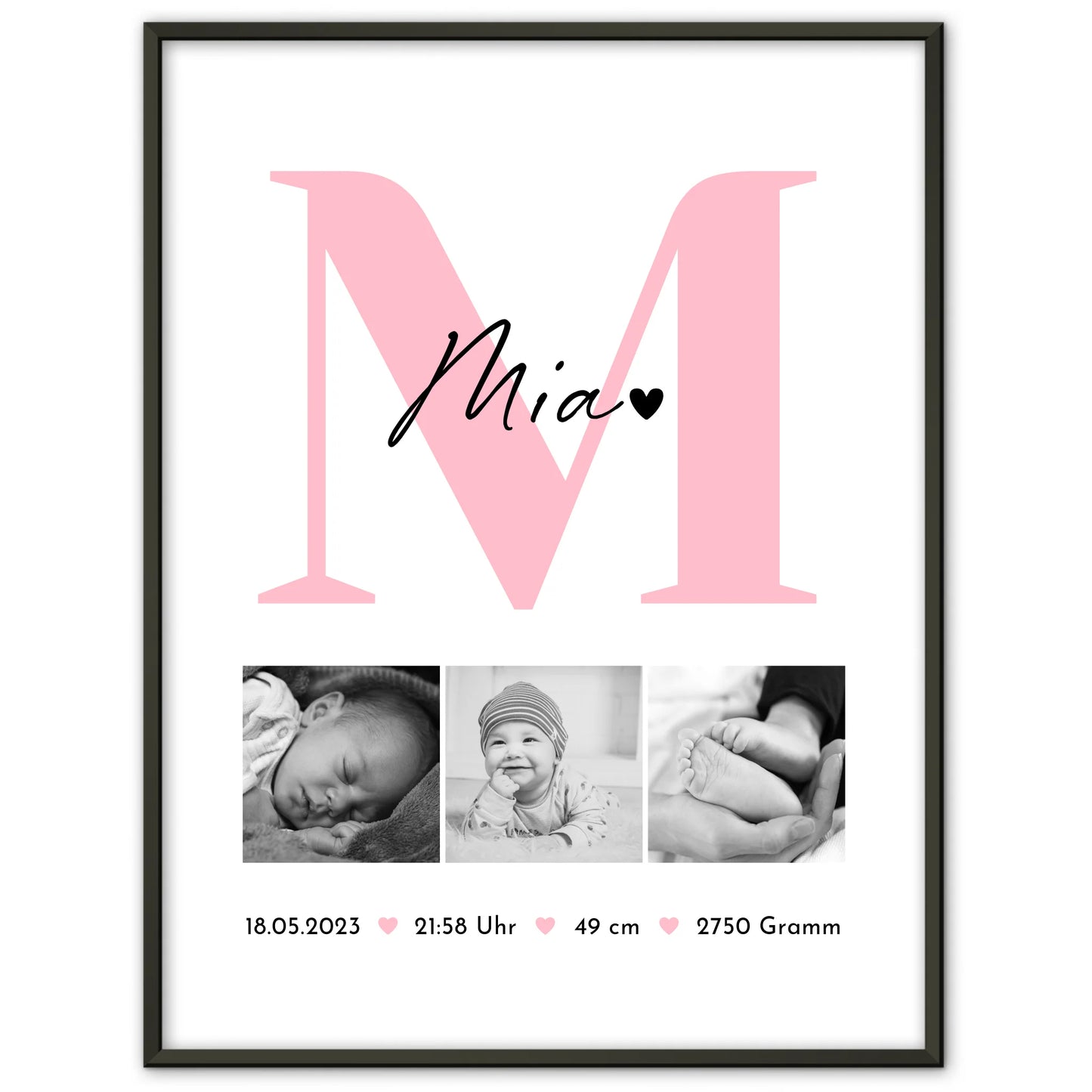 Poster Geburtsdaten Baby mit 3 Fotos Geburtsdaten Black and White Design 1