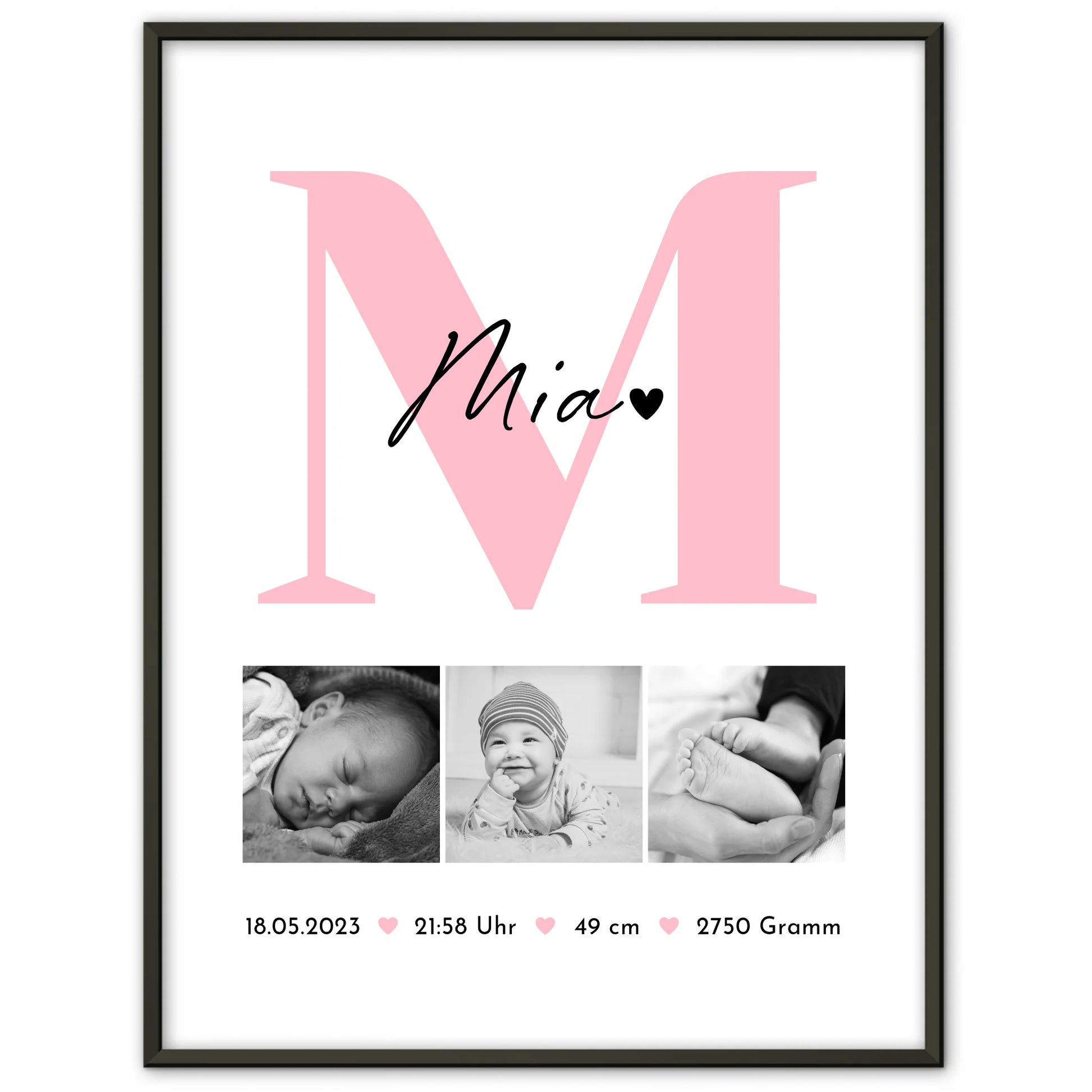 Poster Geburtsdaten Baby mit 3 Fotos Geburtsdaten Black and White Design 1