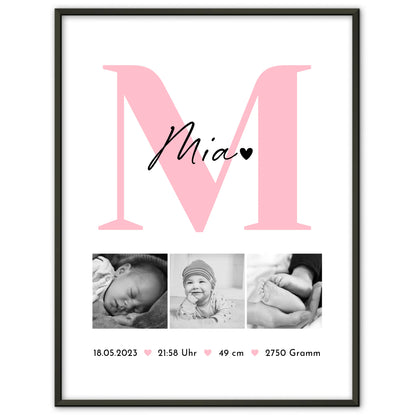 Poster Geburtsdaten Baby mit 3 Fotos Geburtsdaten Black and White Design 1