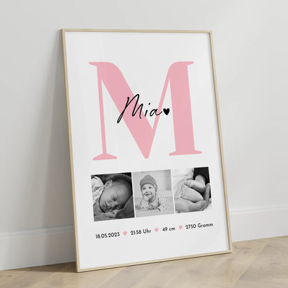 Poster Geburtsdaten Baby mit 3 Fotos Geburtsdaten Black and White Design 3