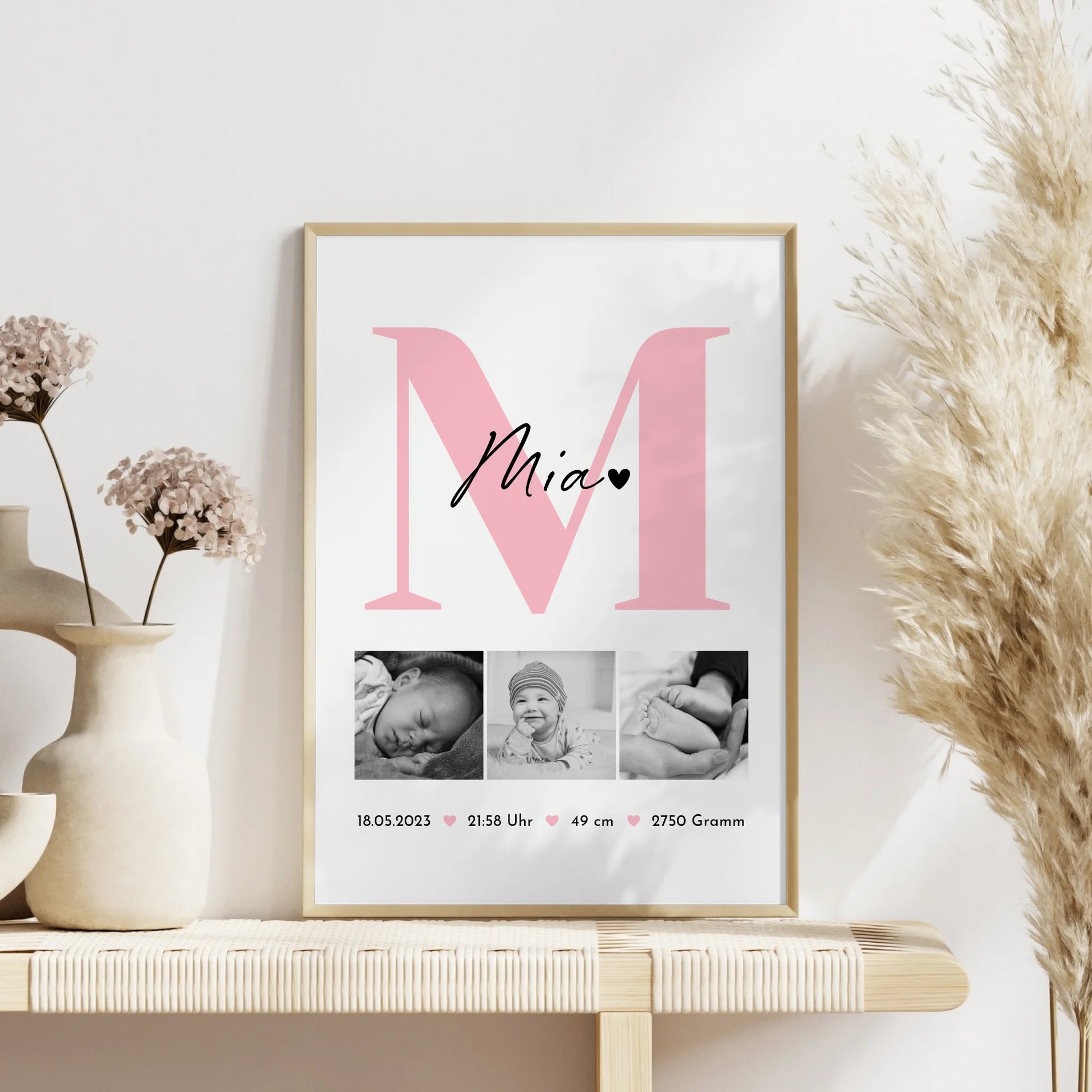 Poster Geburtsdaten Baby mit 3 Fotos Geburtsdaten Black and White Design 4