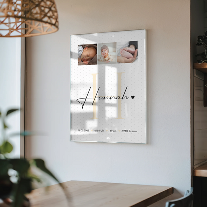 Foto Acrylglas zur Geburt Baby Fotocollage mit Geburtsdaten und Sternchen Muster 4