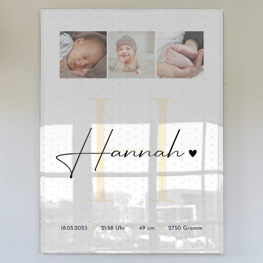 Foto Acrylglas zur Geburt Baby Fotocollage mit Geburtsdaten und Sternchen Muster 1