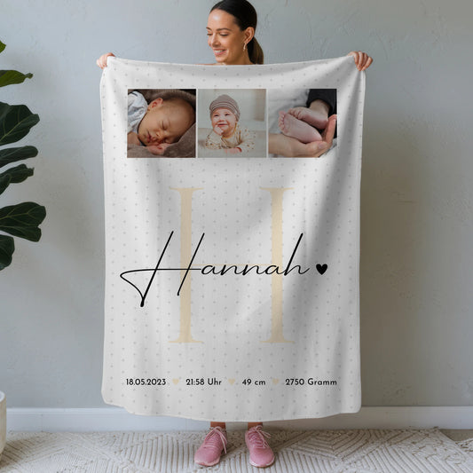 Personalisierte Babydecke Mit Namen Geburt Baby Fotocollage Geburtsdaten Sternchen Muster 1