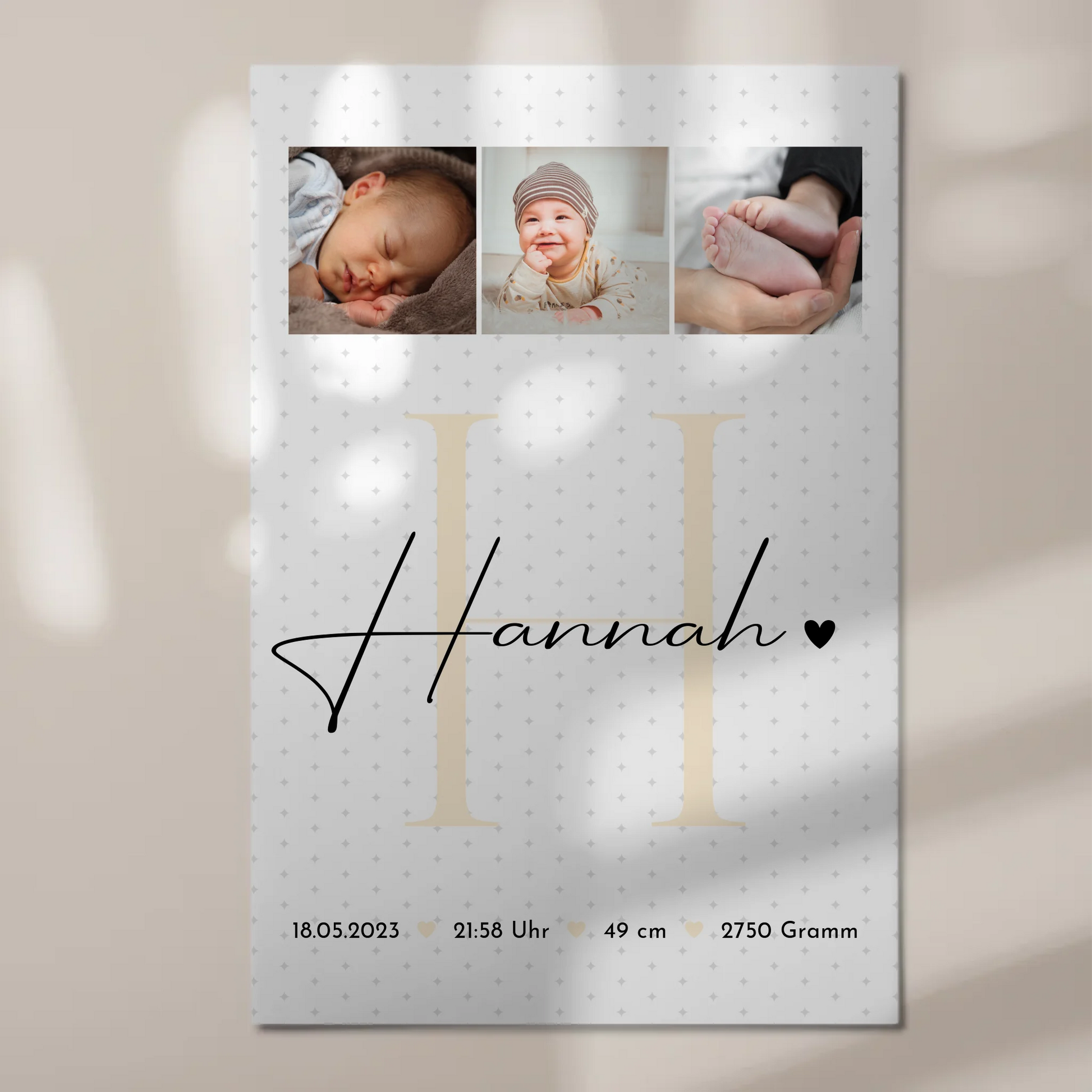 Magnetisches Fotoboard Poster zur Geburt - Baby-Fotocollage mit Geburtsdaten und Sternchenmuster 1