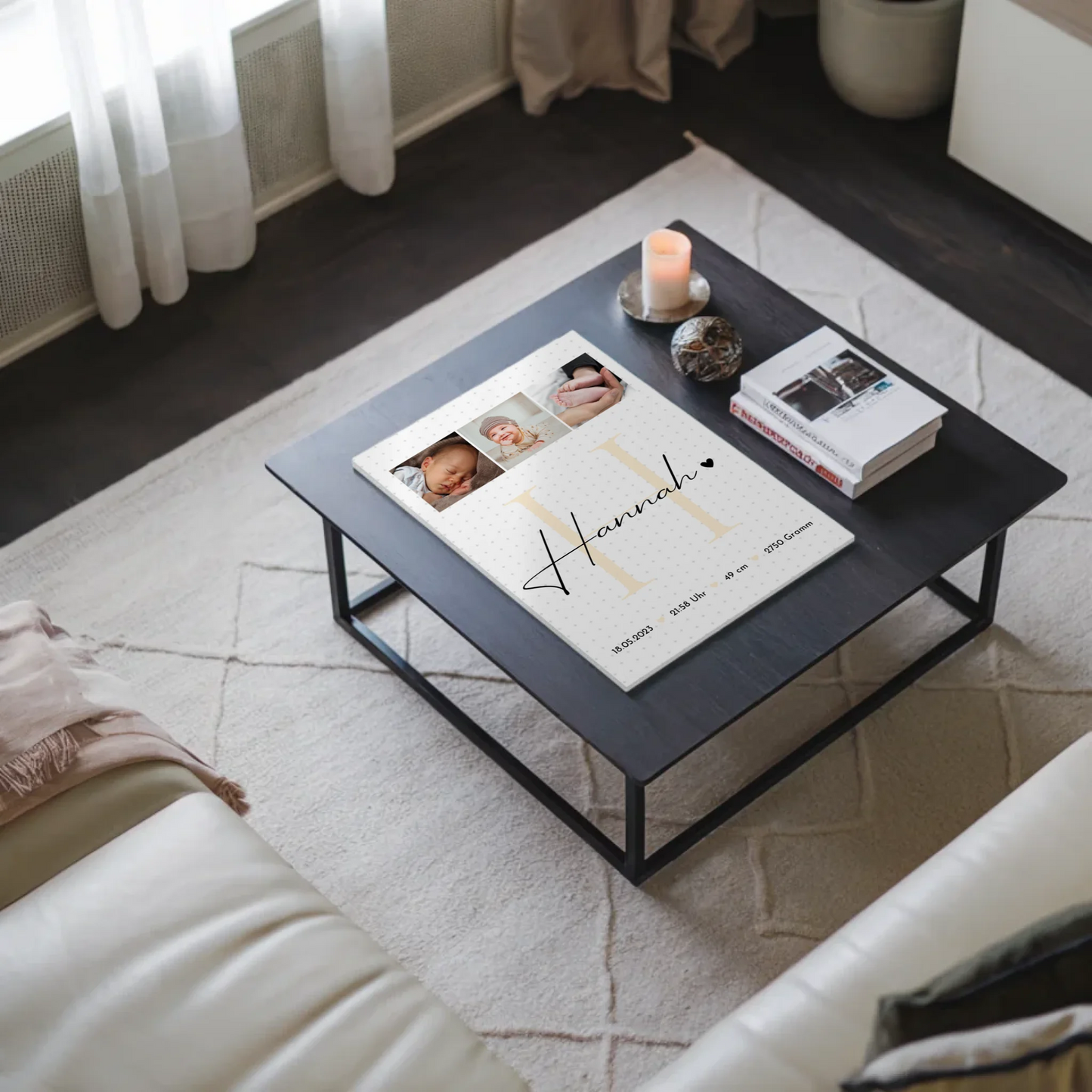 Magnetisches Fotoboard Poster zur Geburt - Baby-Fotocollage mit Geburtsdaten und Sternchenmuster