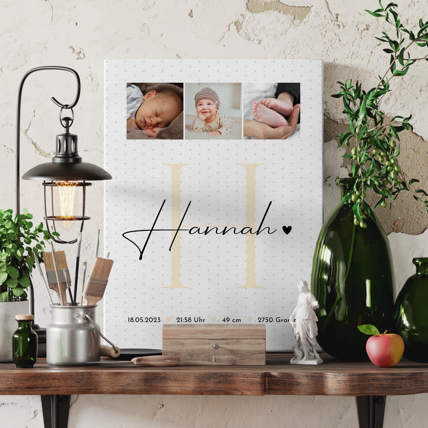 Wandbild Fotocollage zur Geburt Baby mit Geburtsdaten und Sternchen Muster personalisiert 3