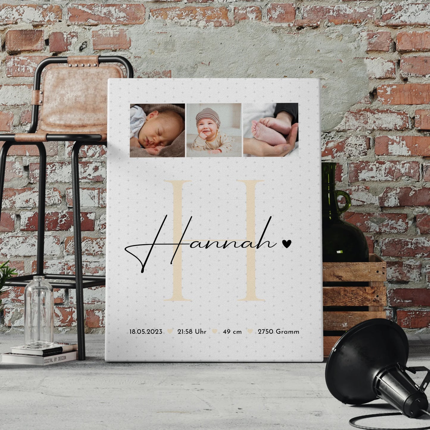 Wandbild Fotocollage zur Geburt Baby mit Geburtsdaten und Sternchen Muster personalisiert 4