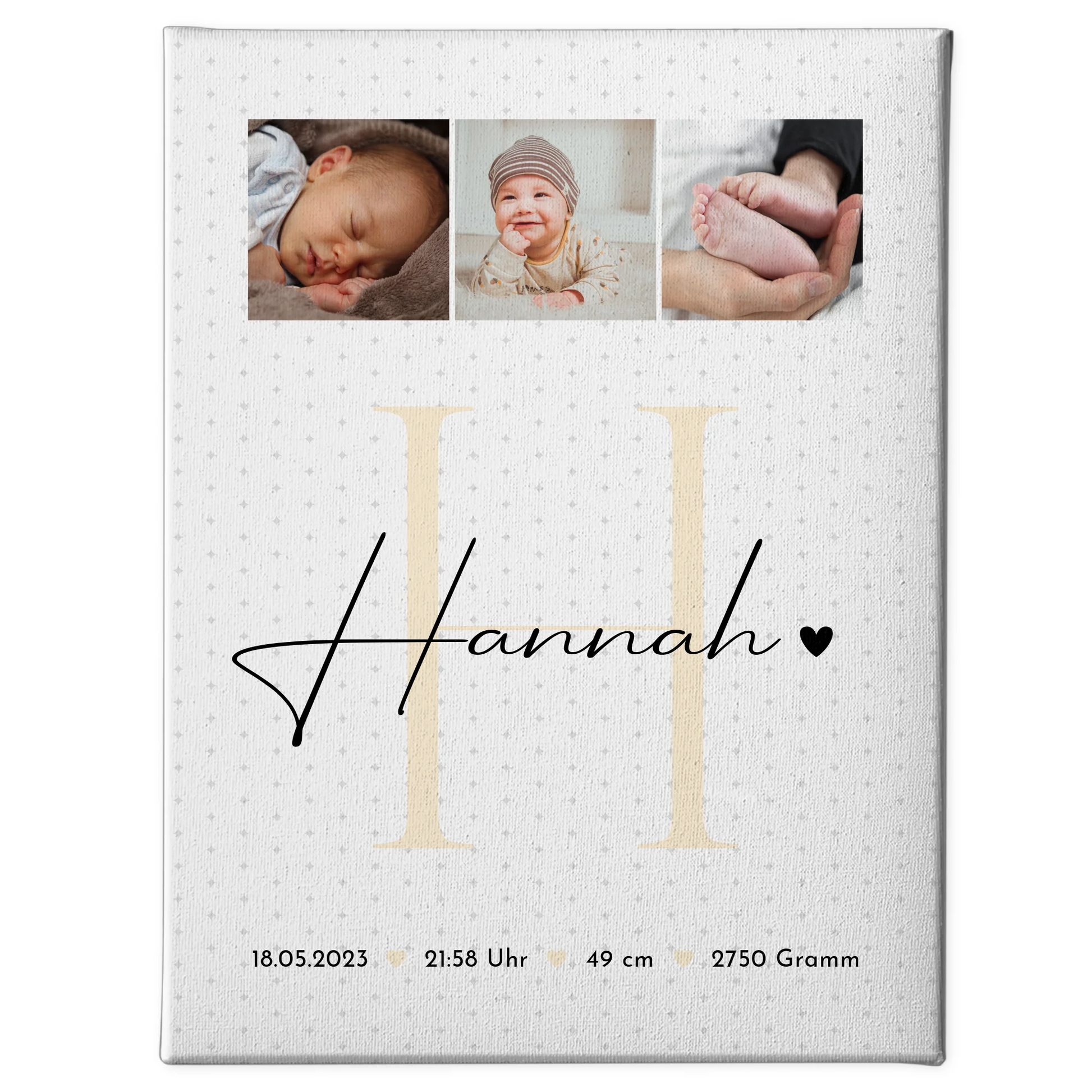 Wandbild Fotocollage zur Geburt Baby mit Geburtsdaten und Sternchen Muster personalisiert 1