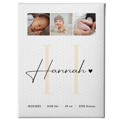 Wandbild Fotocollage zur Geburt Baby mit Geburtsdaten und Sternchen Muster personalisiert 1