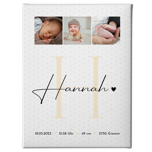 Wandbild Fotocollage zur Geburt Baby mit Geburtsdaten und Sternchen Muster personalisiert 1