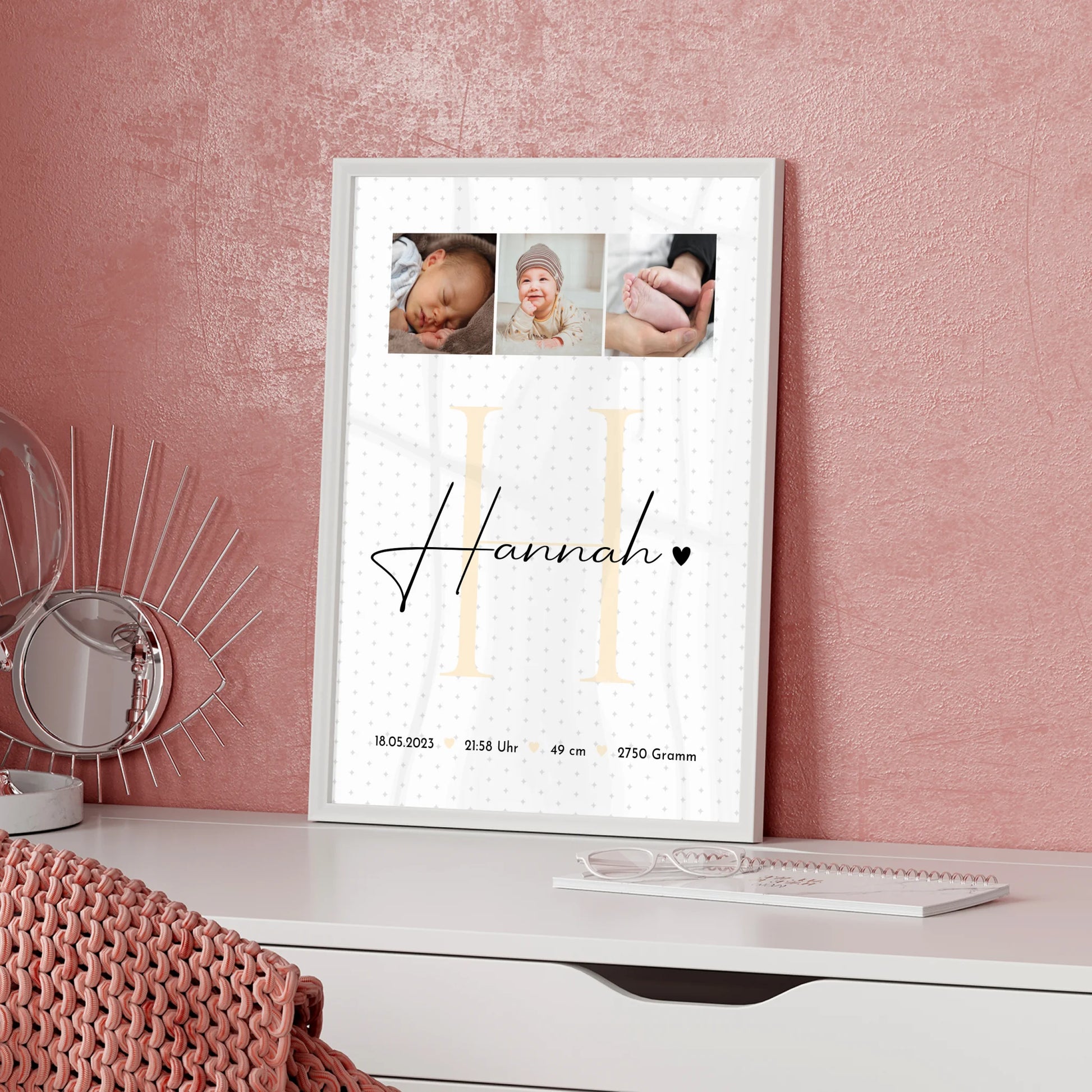 Poster Mit Geburtsdaten zur Geburt Baby Fotocollage mit Geburtsdaten Sternchen Muster 5