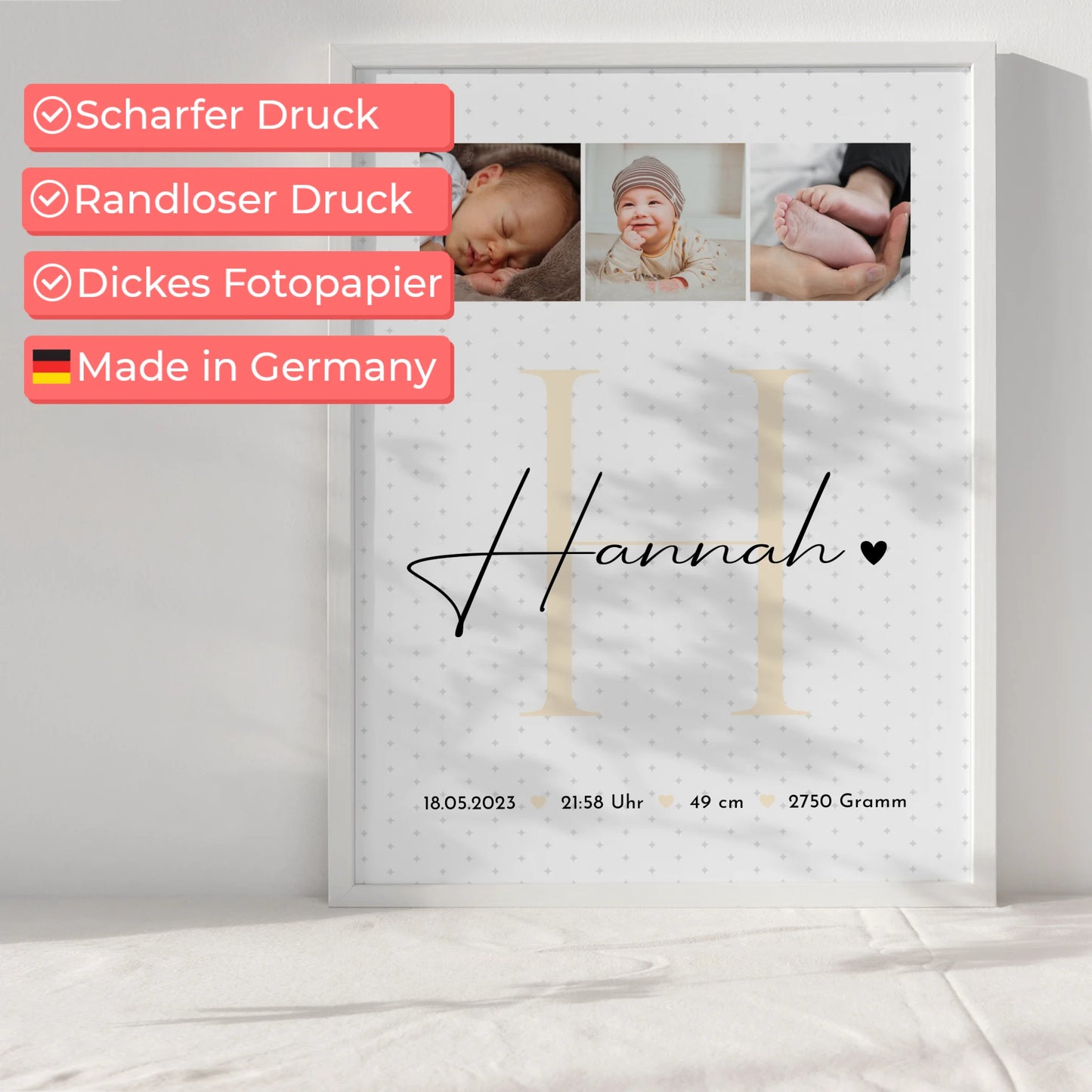 Poster Mit Geburtsdaten zur Geburt Baby Fotocollage mit Geburtsdaten Sternchen Muster 6