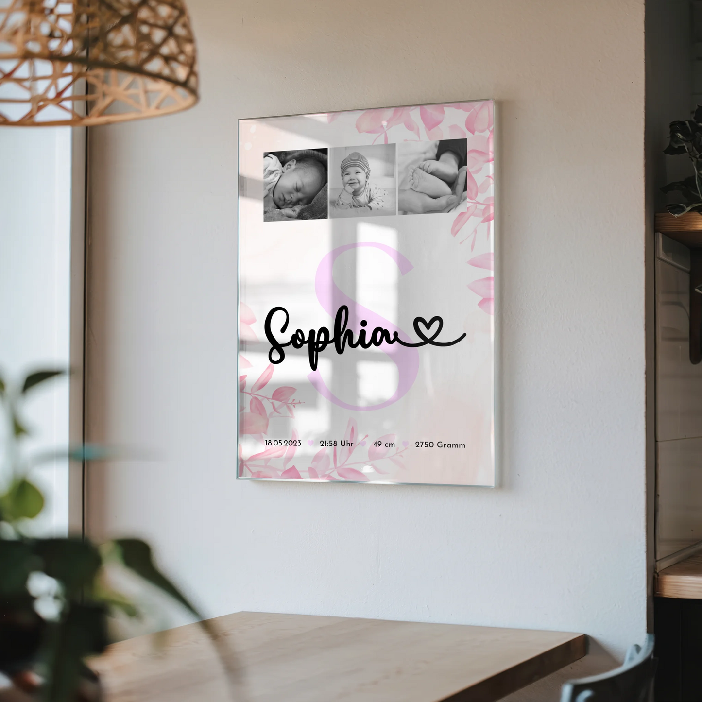 Acrylglas Mit Foto zur Geburt Baby Fotocollage mit Geburtsdaten Initial Black and White 4