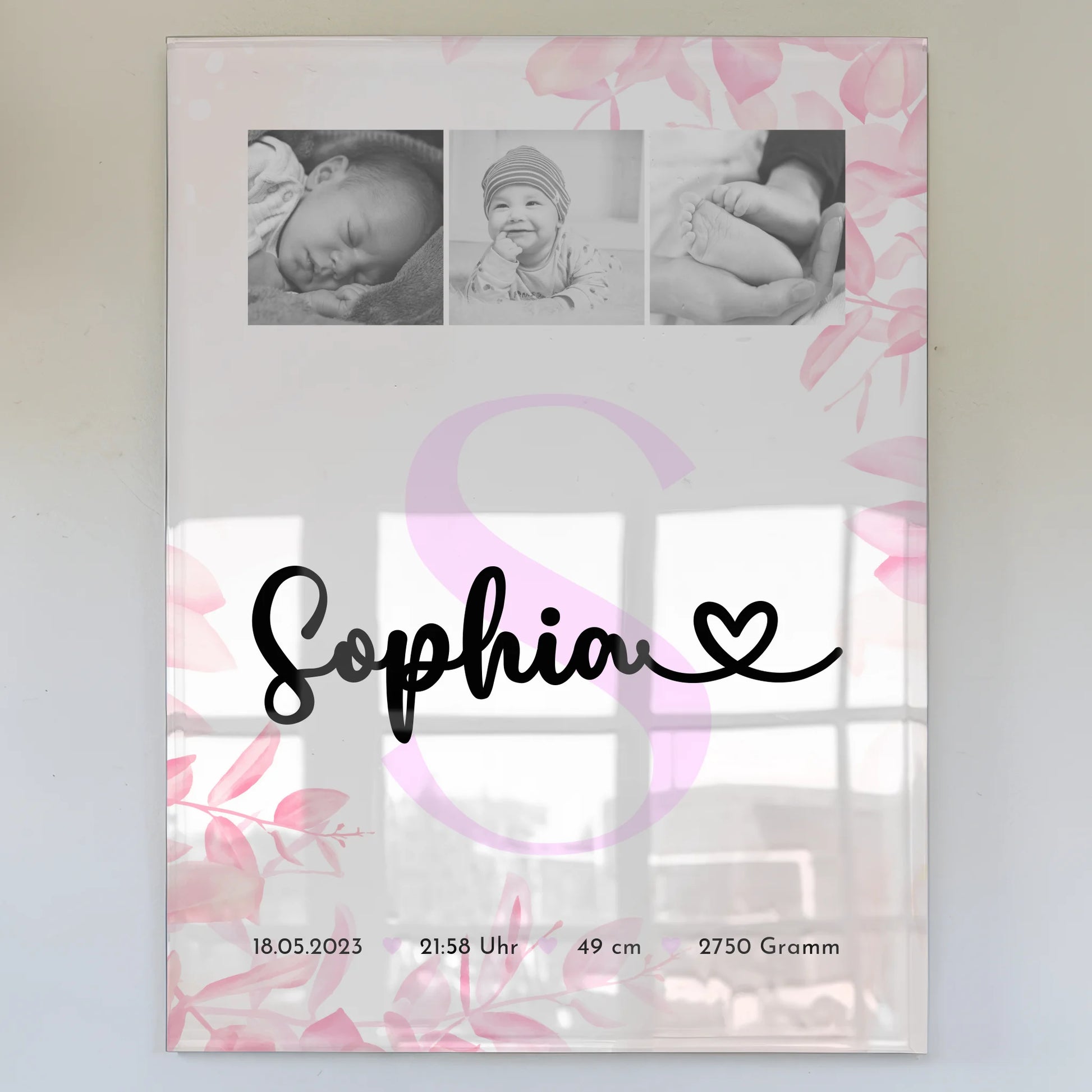 Acrylglas Mit Foto zur Geburt Baby Fotocollage mit Geburtsdaten Initial Black and White 1