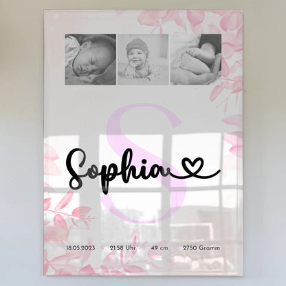 Acrylglas Mit Foto zur Geburt Baby Fotocollage mit Geburtsdaten Initial Black and White 1