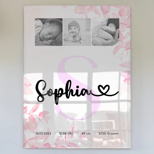 Acrylglas Mit Foto zur Geburt Baby Fotocollage mit Geburtsdaten Initial Black and White 1