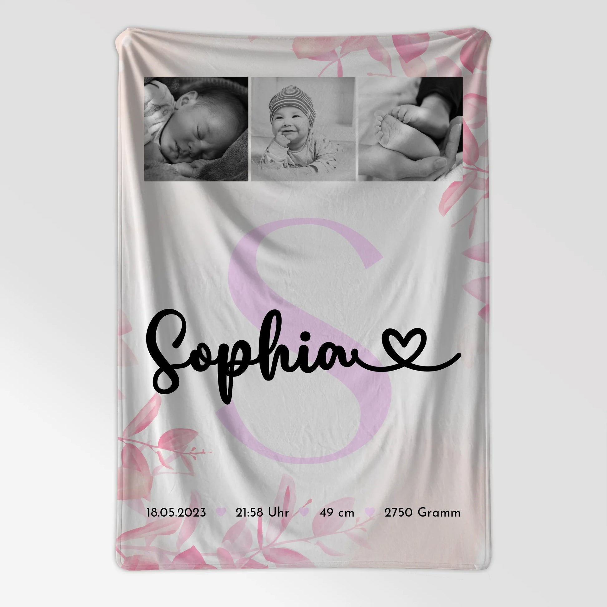 Babydecke zur Geburt mit Namen, Fotocollage & Geburtsdaten, Initial, Black & White Geschenk 7