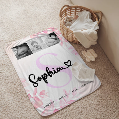 Babydecke zur Geburt mit Namen, Fotocollage & Geburtsdaten, Initial, Black & White Geschenk 2